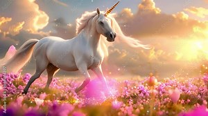 Unicorn in magical fantasy landscape pink neon colors. Unicorn concept, magic design with stars and pastel sky 4k video Soft background beauty spark 4k