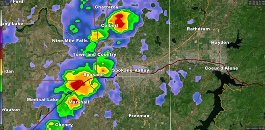 9.4K views · 55 reactions | 3:40 PM PDT: Radar a little more zoomed into the Spokane and Coeur d'Alene Metro area. Heavy downpours, gusty winds, hail, lightning possible. https://radar.weather.gov/ | US National Weather Service Spokane Washington | Facebook