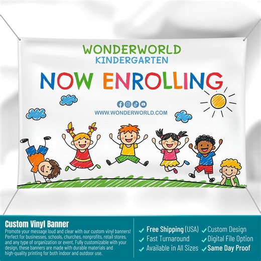 Kindergarten Enrollment Banner, School Poster, Outdoor Vinyl Banner, Daycare Display, Business Print, Building Sign, Church, Indoor Outdoor - Etsy