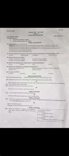 Class 10 Computer Applications PT 2 Question Paper 2026 | Computer | David Modern Sr. Sec. School