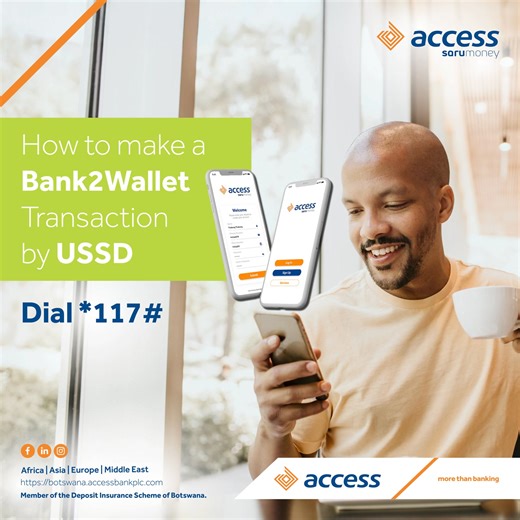 Send money straight from your Access Bank account to Orange Money or MyZaka wallets via SaruMoney USSD (*117#). From your Access Bank account to Orange Money or MyZaka instantly. Bank2Wallet makes sending money easy, anytime you need it. #SaruMoney #MoreThanBanking | Access Bank Botswana