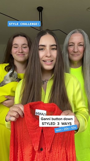 STYLE CHALLENGE! We’re styling an orange @GANNI button down blouse styled 3 ways: as a teenager, a 20-something, and as a 50-something. Which look is your favorite? Ingrid wears the Ganni blouse with a @J.Crew taffeta dress and J. Crew golden rose flip flops. Marlo wears the Ganni blouse with a Merimekko mini skirt, a pink @ZARA bomber jacket, clear Zara boots, and some aviator sunglasses. Mama wears the Ganni blouse with a J. Crew cardigan, a pink Zara coat, some @Theory cigarette pants, and a 