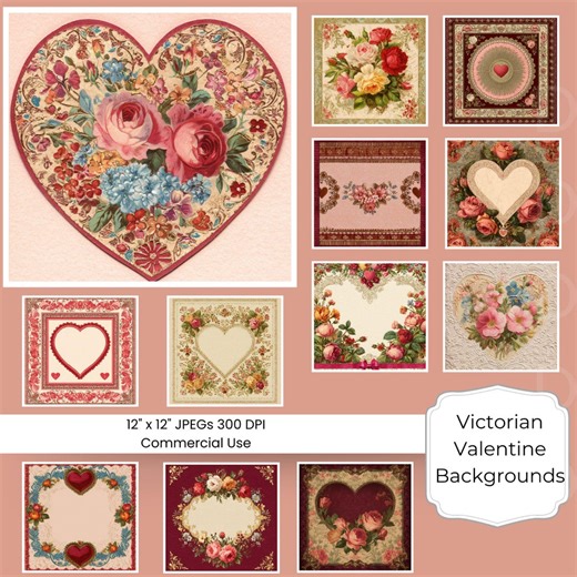 Victorian Valentines – Printable Heart Backgrounds | 12 Digital Papers | 12x12" | Vintage Rose & Lace Textures | Commercial Use - Etsy
