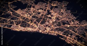 Aerial night view of city of Kingston upon Hull UK. Traffic and street light glowing. Camera flying above space filming to city center. Rotating around and making endless loop. 3d animation rendering.
