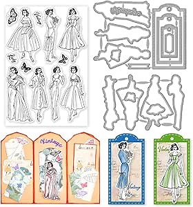 INFUNLY 3pcs Vintage Lady Clear Stamps and Dies for Card Making Tag Cutting Dies Butterfly Rubber Stamp Retro Women Transparent Stamps Frame Die Cutters for DIY Scrapbooking Photo Album Decoration