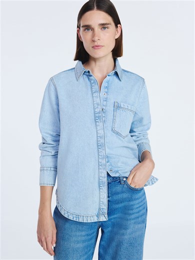 Free Assembly Women's Button Up Denim Shirt with Long Sleeves, Sizes XS-XXL