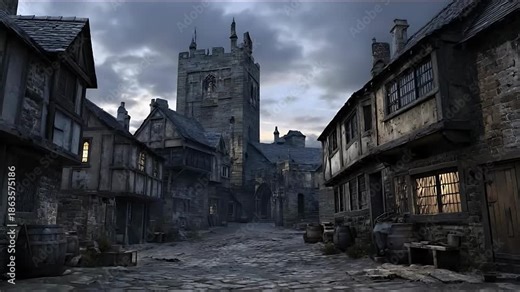 A serene medieval village street scene at dusk with old buildings and a tall tower in the background