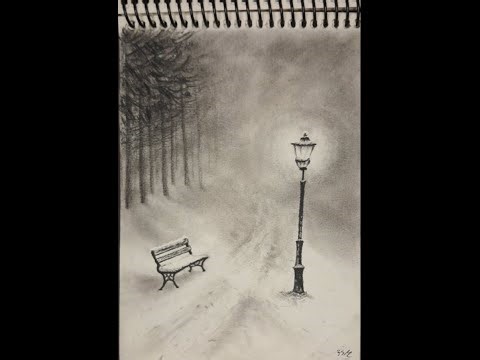 Tutorial video drawing a foggy night in winter with a pencil