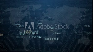 World map with connections and city lights. Loopable world map with major cities names and country borders. Aerial, maritime and ground routes. Blue. More color options in my portfolio.