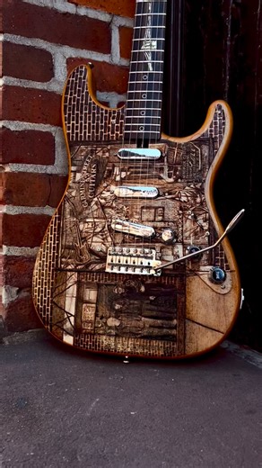 This guitar is probably the most intense pyrography and inlay custom order I’ve taken on so far. Especially being that there are portraits of us on the front. @garytmoore101 ✨ This is Gary’s second custom Cindy guitar and with the first one being pyrography NYC themed t-model he wanted this one to match but with it being Carmine Street Guitars themed. The body on this beautiful baby is swamp ash from Rick’s old growth stock from the 70s. Neck is AAAA roasted flamed maple and crelicam ebony from 