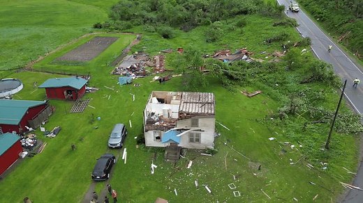 Aerial Footage Shows Homes Damaged, Farm Buildings Destroyed in Tornado-Warned Storm