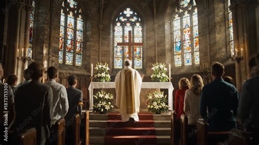 Clergyman leading a religious service at the altar of a majestic church, surrounded by a reverent congregation, under the glow of stained glass windows