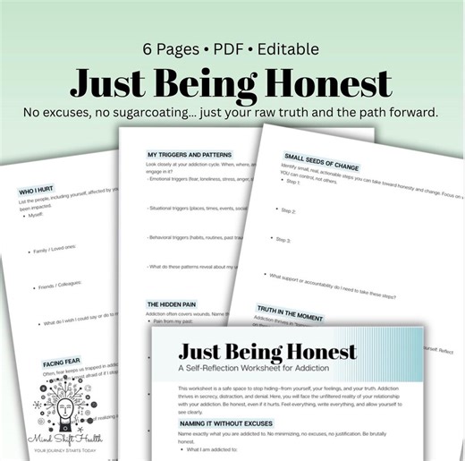 Addiction Recovery Self-reflection Worksheet Just Being Honest With Self Healing Journal (PDF Editable) - Etsy