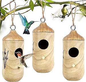 Hummingbird House, 3pcs Wooden Hummingbird Houses for Outside for Nesting, Gardening Gifts Home Decoration