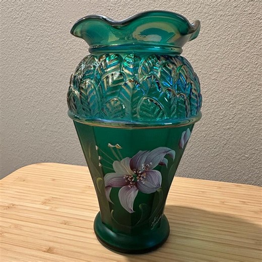 Fenton Emerald Green Iridescent Carnival Glass Vase - Hand-painted Tiger Lily - Etsy