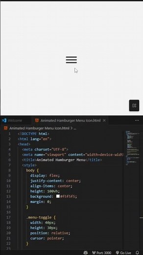 Animated Hamburger Menu Icon in One File | HTML CSS JavaScript. #HamburgerMenu #JavaScript