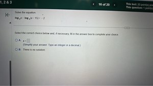Solve the equation.\log_4 x - \log_4 (x - 15) = -2Select th... | Filo