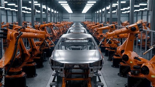 Robotic arms welding car bodies on automated manufacturing assembly line producing vehicles