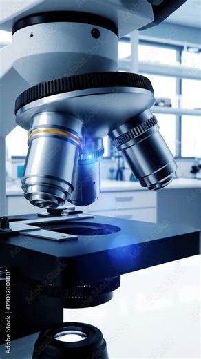 Laboratory microscope focused on sample with lenses and light shining through in a science lab with windows and equipment in background for medical or educational use