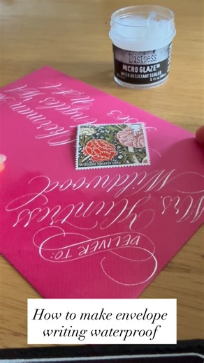 Kristi on Instagram: "If you’ve used a non-waterproof ink on your envelope—such as Dr. Martin’s Bleedproof White—adding a wax glaze is the easiest way to protect your lettering. A thin layer of wax seals the ink, making your envelope resistant to rain and snow while preserving the original design. Just make sure you let the wax dry properly. I’m using Ranger Tim Holtz Distress Micro Glaze. #waterproofing #distressmicroglaze #timholtzmicroglaze #rangertimholtz #envelopeart"