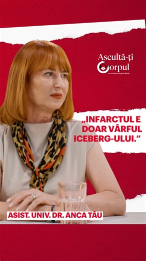 💔 „Infarctul e doar vârful iceberg-ului.” În spatele lui se ascund adesea ani de afecțiuni tăcute, semne ignorate sau stres prelungit. Asist. univ. dr. Anca Tâu, medic primar cardiologie, explică în noul episod Ascultă-ți corpul, un podcast Regina Maria, de ce infarctul miocardic nu apare brusc, ce semnale îl pot anunța și cum chiar un stres puternic poate declanșa un episod asemănător, cunoscut ca „sindromul inimii frânte”. Durerea intensă în piept, senzația de apăsare, durerea în umeri sau co