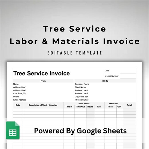 Tree Service Labor & Materials Invoice - Google Sheets Template - Automated Calculations - Professional Landscaping Bill - Etsy