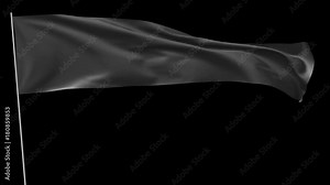 Long blank plain black flag on flagpole flying and waving in the wind, surrender flag, 3D animation with alpha channel included Stock Video