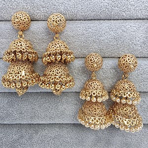 Gold Plated Jhumka/double Layered Light Weight Jhumka/temple Jewelry/south Indian Earrings/gold Pearl Jhumka/traditional Earrings/wedding - Etsy