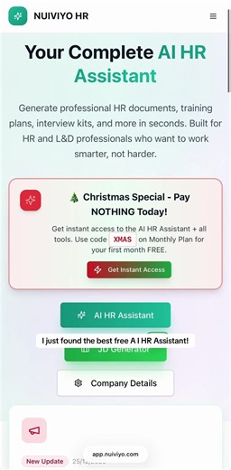 HR without the admin spiral. NUIVIYO HR gives you AI powered support across the stuff that actually takes time. Employment law questions answered clearly. Job descriptions created in minutes. Company handbooks built to your tone. Letters, policies, PIPs, and grievance responses drafted properly, not copied from templates written in 2012. It adapts to your context. Your business. Your role. Your way of working. You stay in control. The AI handles the heavy lifting. Built for individual HR profess