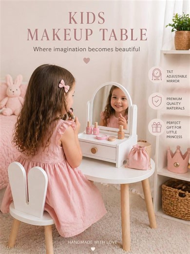 Montessori Kids Vanity Table With Mirror, Wooden Makeup Desk for Kids, Toddler Vanity With Drawer, Pretend Play Furniture, Gift for Gilrs - Etsy
