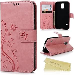 Mavis's Diary S5 Case, Galaxy S5 Case Premium Wallet PU Leather with Fashion Embossed Floral Butterfly Magnetic Clasp Card Holders Flip Cover with Hand Strap (Pink)
