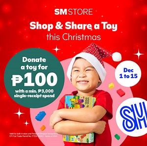 Bring joy to a child this Christmas! 🎄🎁 With only ₱100, you can donate a toy to our partner NGOs with your ₱3,000 minimum single-receipt purchase at SM Store from December 1-15, 2023. Learn more through smstore.com/shareatoy | SM Store