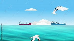 fishing trawlers and seagulls at sea 2d animation and cartoon