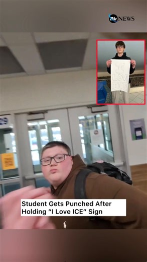 Mir News on Instagram: "🚨WATCH: 🇺🇸Student gets punched after holding “I love ICE” sign at Illinois high school. A video circulating online shows a student at Lake Zurich High School in Illinois being punched by another student after holding a sign that read “I love ICE” during a protest. In the footage, the teenager holding the pro-ICE sign is confronted by another student, and after a brief verbal exchange the latter punches him before walking away. ￼ The incident — which took place on schoo