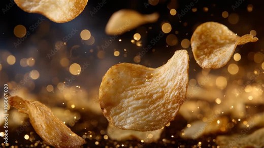 13A dramatic explosion of potato chips suspended mid-air, salt particles shimmering around them like stars, set against a gradient smoky backdrop, rich contrast and vibrant golden to