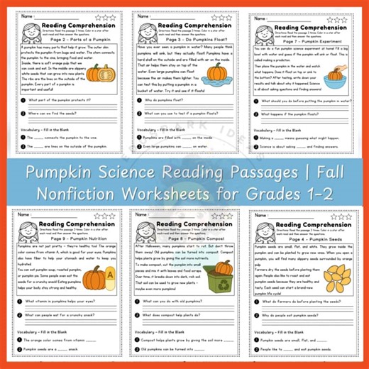 Pumpkin Science Reading Passages | Fall Nonfiction Worksheets for Grades 1–2