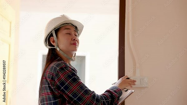 Female home inspector in safety helmet examining electrical switches inside a newly constructed house. Concept highlights safety, precision, and professional property inspection for quality assurance