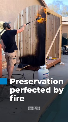 Wood is flame-treated to create a protective char layer, enhancing durability, resistance, and dramatic visual texture. 🎥: @timberarched / IG | Interesting Engineering