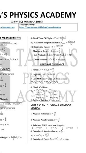 Class 11 Physics Formula Sheet 🔥 Must Watch Before Exams! #shorts