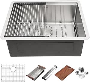 Mocoloo 24 Inch Kitchen Sink Undermount 24 x 19 Bar Sinks Stainless Steel 16 Gauge Single Bowl with Ledge Workstation 10 Deep Basin Handmade