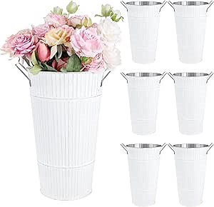 Sliner 6 Pcs 12'' Flower Buckets Bulk Galvanized Metal Vase White Vintage Flower Buckets Vases for Cut Flowers with Handle Planter French Table Decor Centerpiece Farmhouse Florist Rustic Wedding Vase