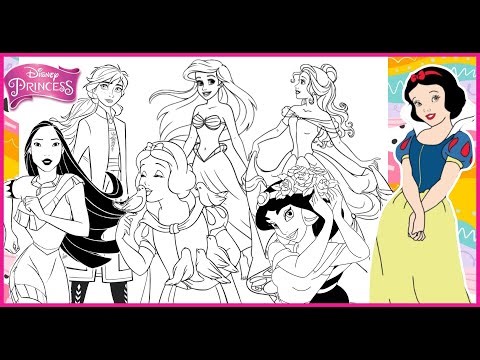 Coloring Disney PRINCESSES Together - Anna BELLE ARIEL SNOW WHITE - COLORING MANY DISNEY Princesses