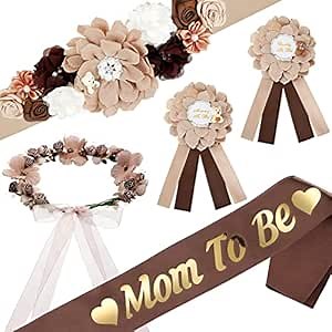 5 Pcs Baby Shower Mom to Be Sash Maternity Kit Daddy to Be Pins Corsage Flower Crown Belly Belt Sash for Girls Pregnancy Gender Reveals Bear Baby Shower Party Photo Props Decorations(Brown)
