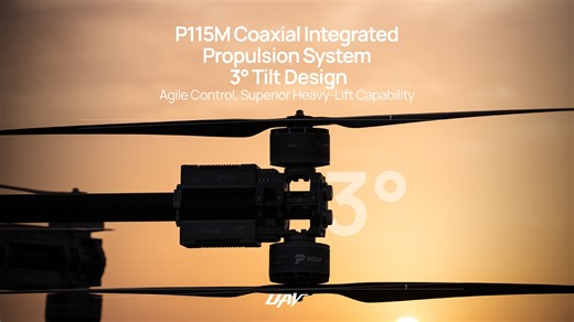 P115M 800V coaxial propulsion system features a 3° tilt-angle design for enhanced flight control and responsiveness, delivering smoother handling, stronger lifting performance and greater stability under heavy loads. 🎥 Watch the video and see how 3° makes a real difference in flight. #HeavyDuty #HeavyLift #UAV #Drone #Propulsion #Logistics | Hobbywing UAV Propulsion System