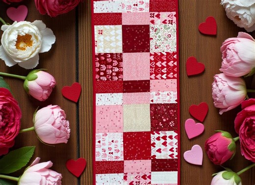 DARLING PEONY Valentine’s Day Quilted Table Runner – Pink & Red Patchwork Decor – 48” X 14” Handmade Reversible Mini Heart Backing - Etsy