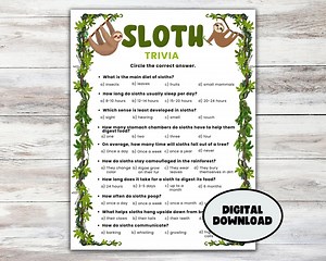 Sloth Trivia Game Printable, Sloth Quiz Questions, Classroom International Sloth Day, Jungle Birthday Party Activity, Baby Shower Trivia, - Etsy