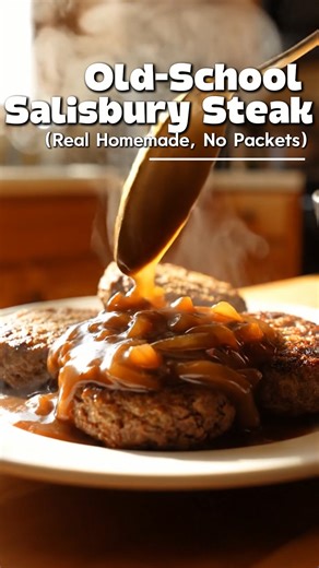 🥩🧅🥘✨ Old-School Salisbury Steak (Real Homemade, No Packets) This is the real, old-fashioned Salisbury steak — juicy beef patties simmered slowly in a rich onion brown gravy, just like grandma made it. No seasoning packets, no shortcuts, just pure comfort food. Juicy • Savory • Old-Fashioned 😍🔥 ⏱️ Recipe Details Prep Time: 15 minutes Cook Time: 35 minutes Total Time: 50 minutes Servings: 4 🥩 Ingredients Salisbury Steak Patties 1½ lb ground beef (80/20) ½ cup breadcrumbs 1 egg ¼ cup milk 1 s
