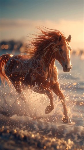 🔥 A red fiery horse bursts from the waves, mane blazing in the wind — tongues of flame swirling as fireflies shimmer beside a glowing lighthouse. 🌊🐎 | Sunset Moon