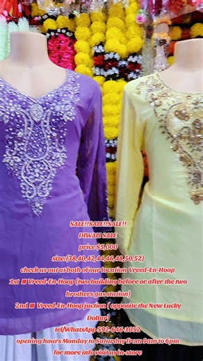 475 reactions · 13 comments | SALE!!SALE!!SALE!! Diwali sale is on PRICE: $5,000 Size:(38,40,42,44,46,48,50,52) check us out at both our location Vreed-En-Hoop 1st ■ Vreed-En-Hoop (two building before or after the two brothers gas station) 2nd ■ Vreed-En-Hoop ( opposite the New Lucky Dollar) tel/WhatsApp +592-646-1052 Opening hours Monday to Saturday from 9am to 6pm. "We don't own the copyright of the music being played in the video". | R&D Bollywood Clothing & Other Supplies | Facebook