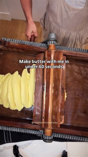 Make butter with me in under 60 seconds 😉 — This will be the last time I get to use my butter worker table from 1875 for the next year. — I’m off to serve a mission with my husband, but this table will sit patiently waiting for me in my front room displayed in all its glory until we return 😉 — Make all the better you can for me while I’m away would ya? ☺️ — Don’t worry…. I intend on finding some raw cream and making my own. Is it really true that Latvia doesn’t have salted butter? 😳 — I shall